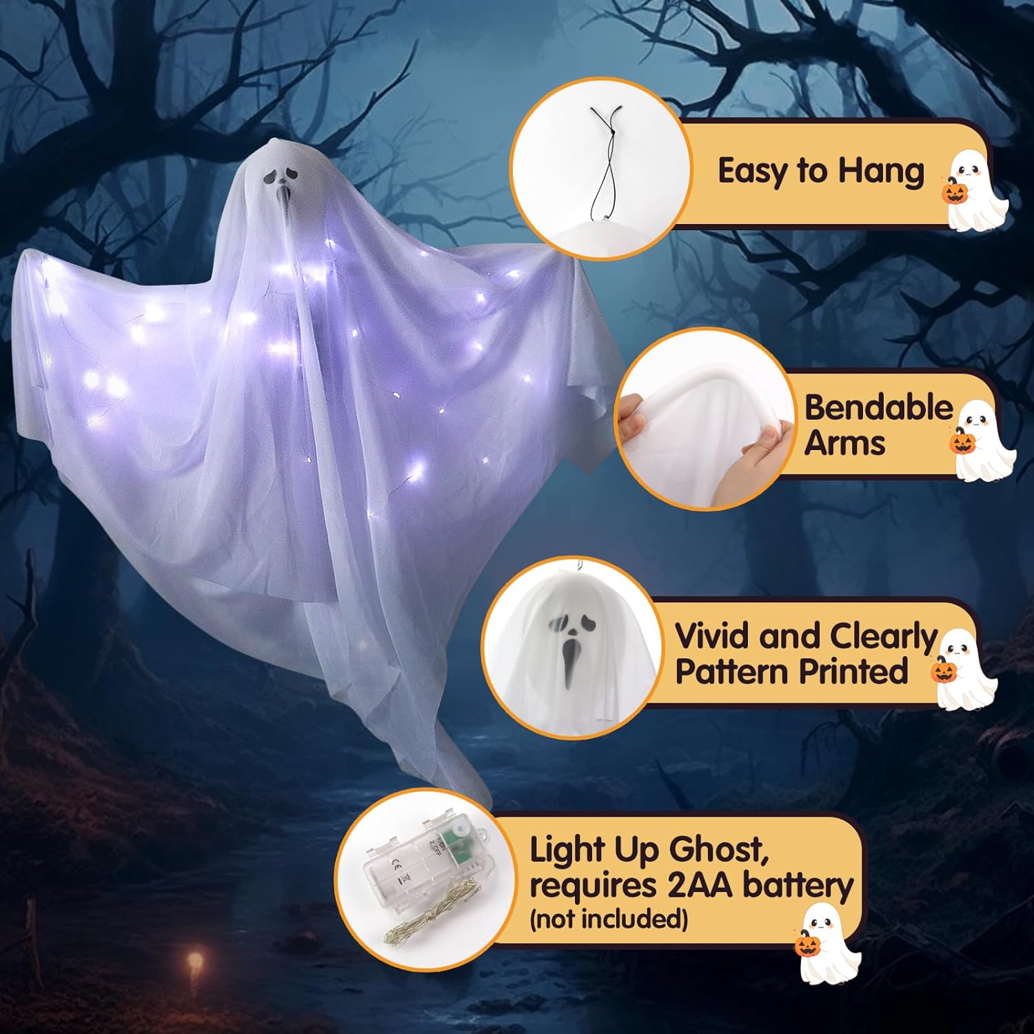 6 Pack Halloween Hanging Ghost Decorations with Lights, 27.5 Inch LED Light-Up Spooky Ghosts Indoor