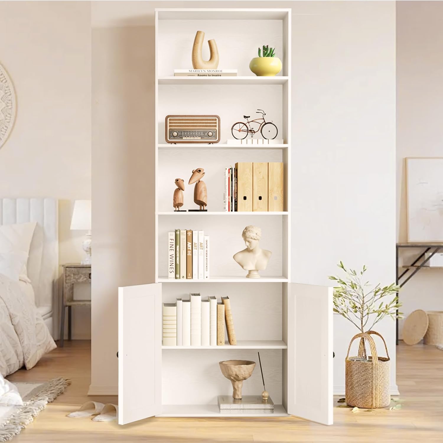 Tall White Bookcase with Doors – Wooden Bookshelf with Storage Cabinet & Shelves for Living Room