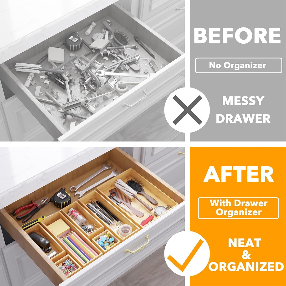 SpaceAid 7-Piece Bamboo Drawer Organizer Storage Boxes Set, Wood Tray Junk Drawer Organizers