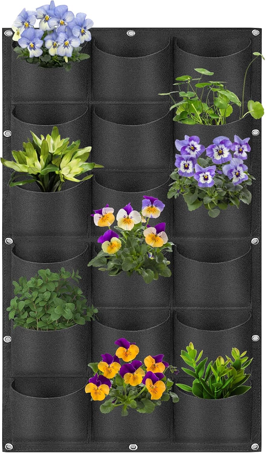 18 Pockets Hanging Planter Bags, Hanging Vertical Wall Mounted Plant Planting Grow Bags, Herb