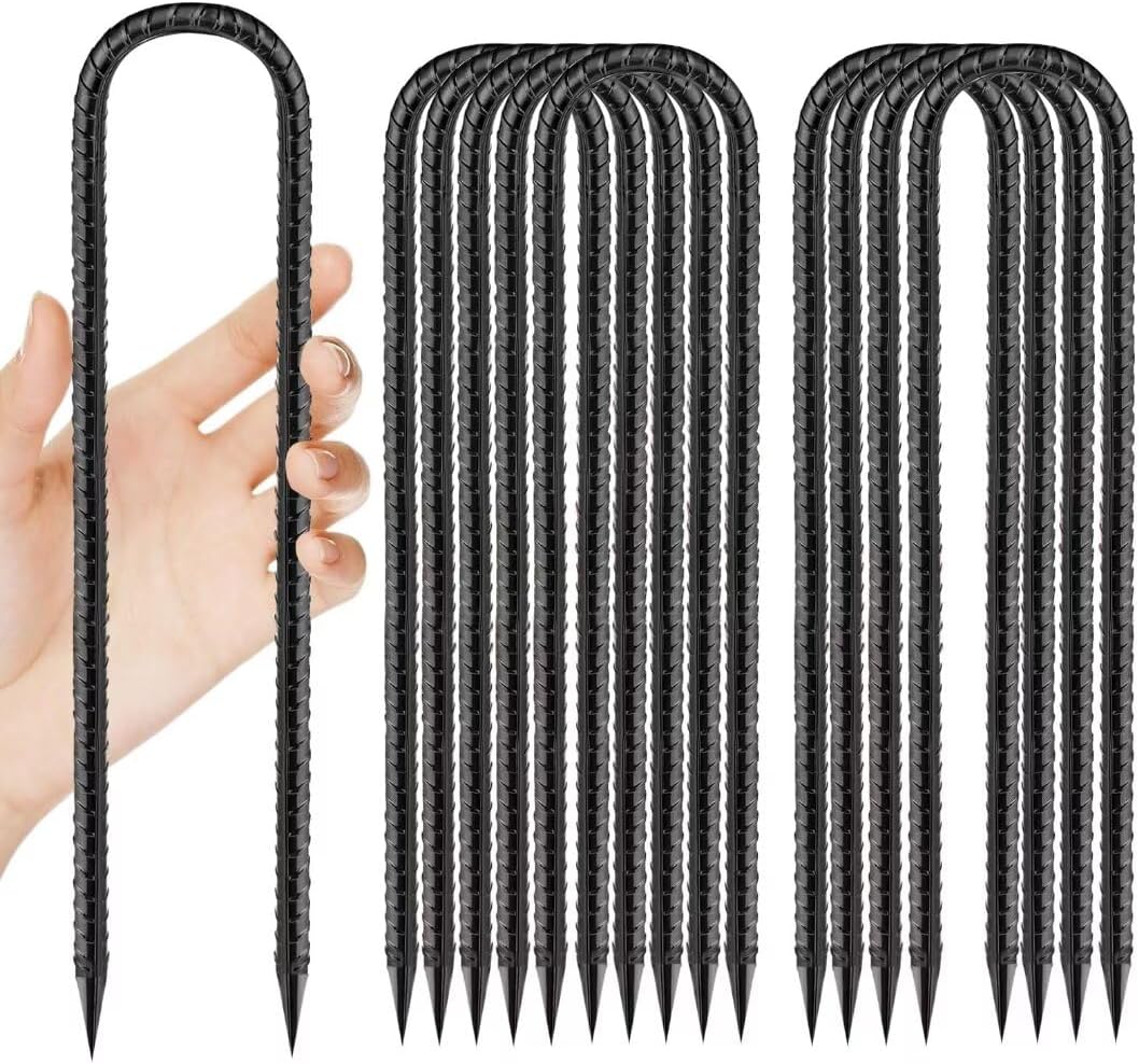 Ground-Stakes-Heavy-Duty-12 inch, U-Hook Rebar Stakes Black Coated Anti-Rust 10pcs Garden Stakes