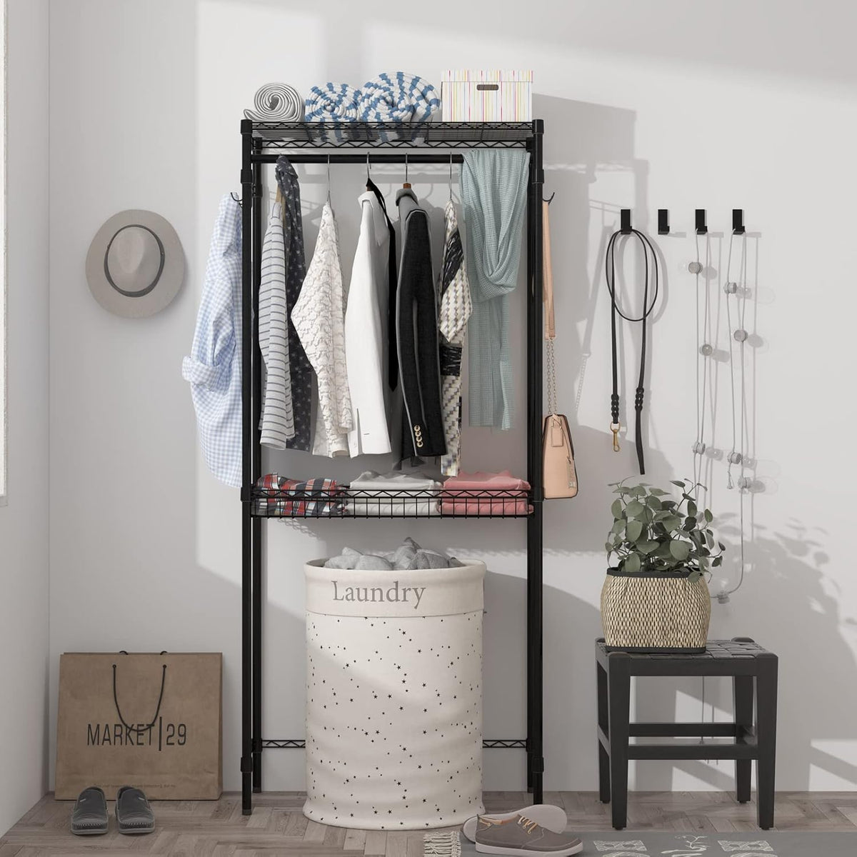 Xiofio Washer and Dryer Storage Shelf,Clothes Drying Rack,2 Tier Adjustable Height Storage Wire