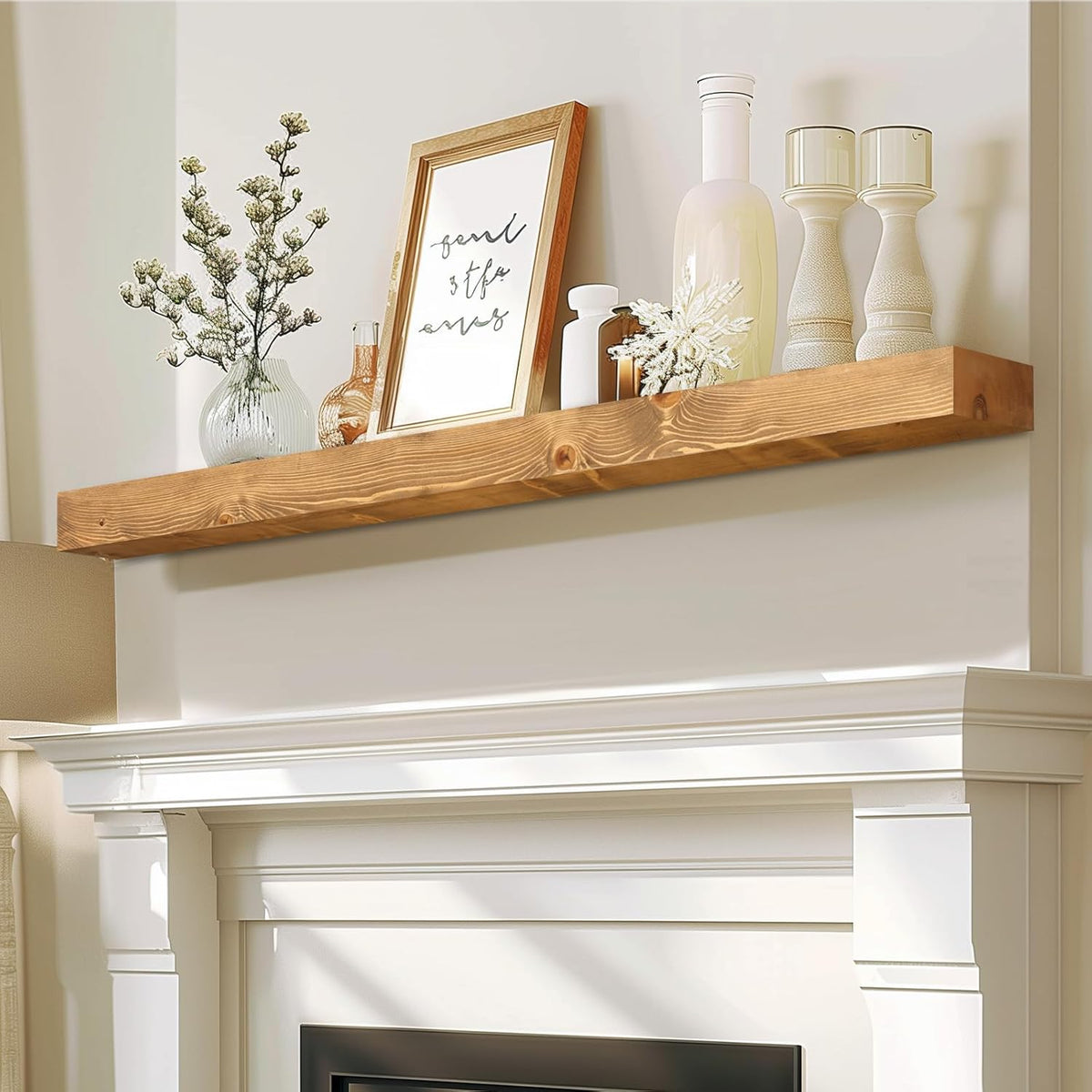 48x7x3 Fireplace Mantel - Solid Rustic Wood - Wall Mounted Floating Shelf with Invisible Heavy Duty