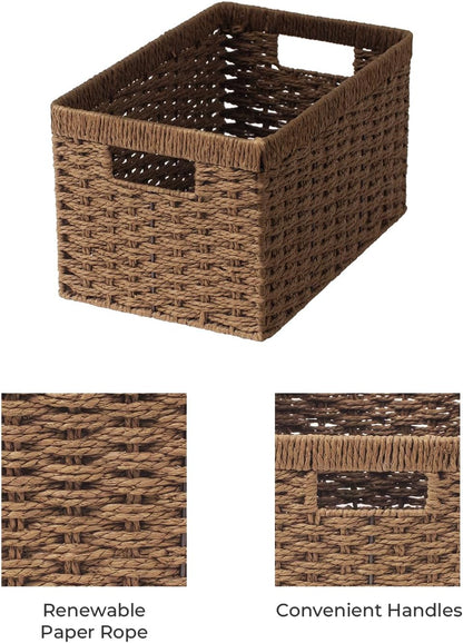 StorageWorks Round Paper Rope Storage Baskets, Rectangular Wicker Baskets with Built-in Handles