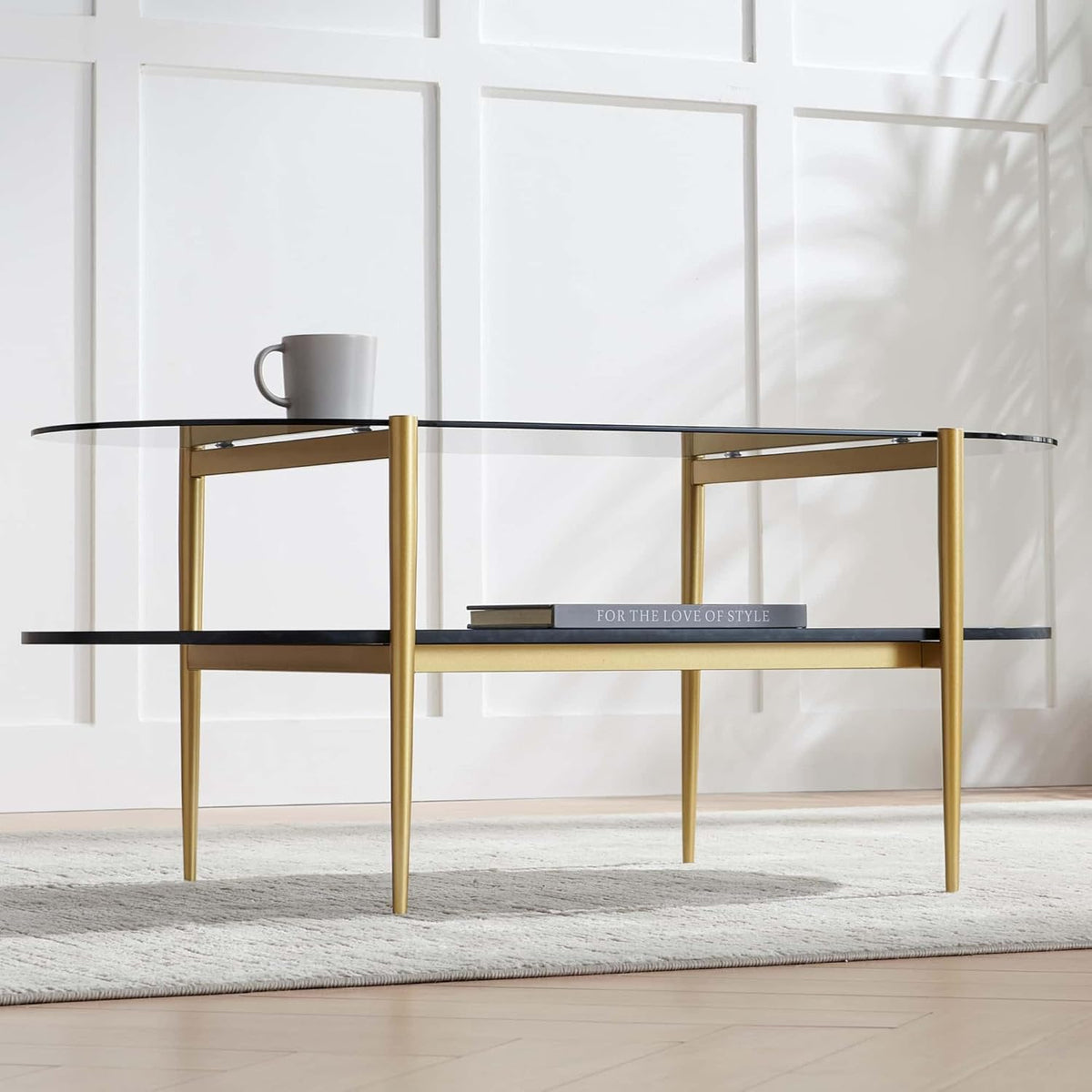Oval Glass Coffee Table, Mid-Century Modern Design, L41 x W21 x H17 inch, for Living Room, Grey