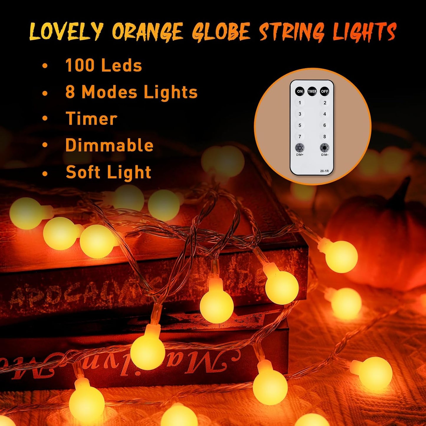 JMEXSUSS Orange String Lights Indoor, Connectable 100 LED Globe String Lights Plug in with Remote