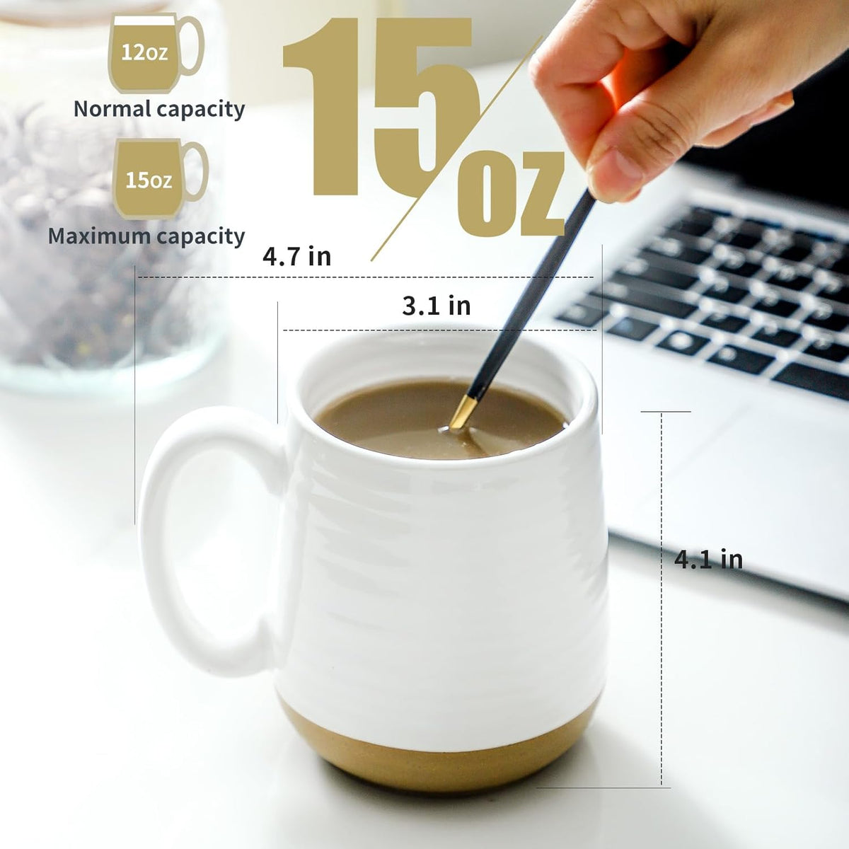 Hasense Coffee Mugs Set of 6, 15 oz Ceramic Coffee Cups with Comfortable Handle, Classic White Mug