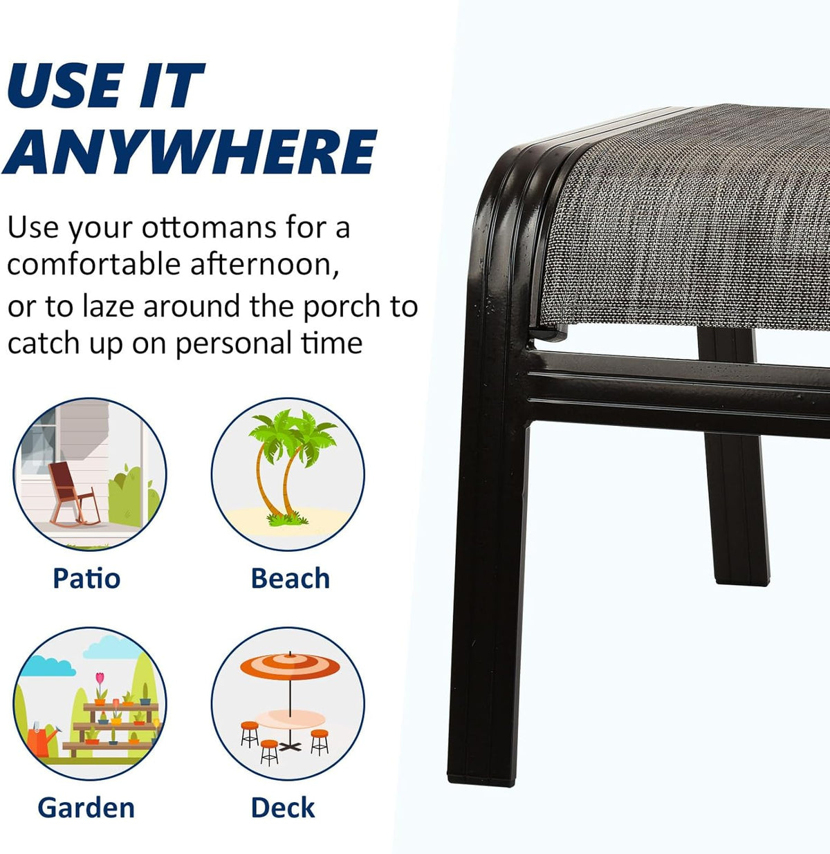 Outdoor Patio Ottoman Seat Textilene Portable Metal Footstool Portable Footrest Patio Chairs 2 Set