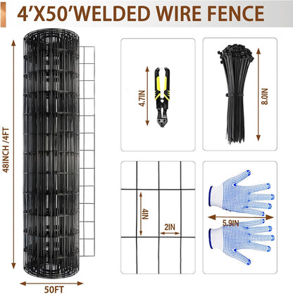 Tongmo 4 ft x 50 ft Black PVC Coated Welded Wire Fence, 16GA Garden Chicken Wire Fence Roll, Mesh