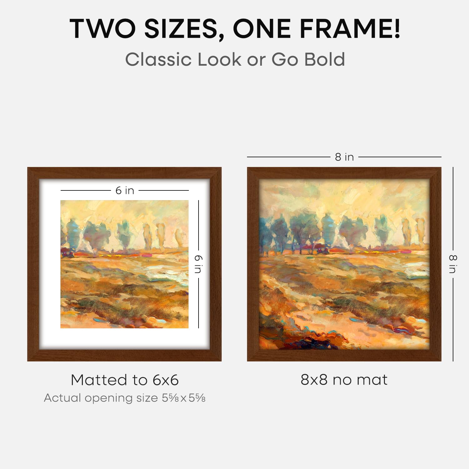 Homeforia 8x8 Picture Frame Brown, High-End Dark Oak 8 x 8 Square Brown Wood Frame with Mat 6 by 6