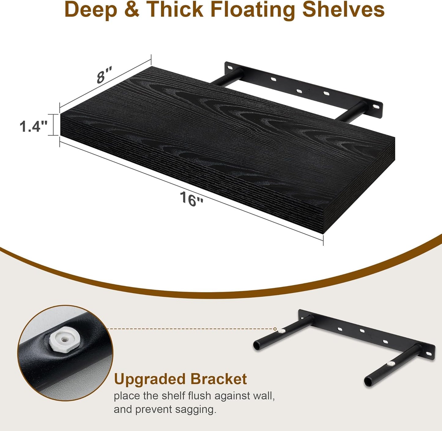 Fun Memories Black Floating Shelves 16 Inch Long, 8 Deep Floating Shelf Wall Mounted, 16 x 8 Inch
