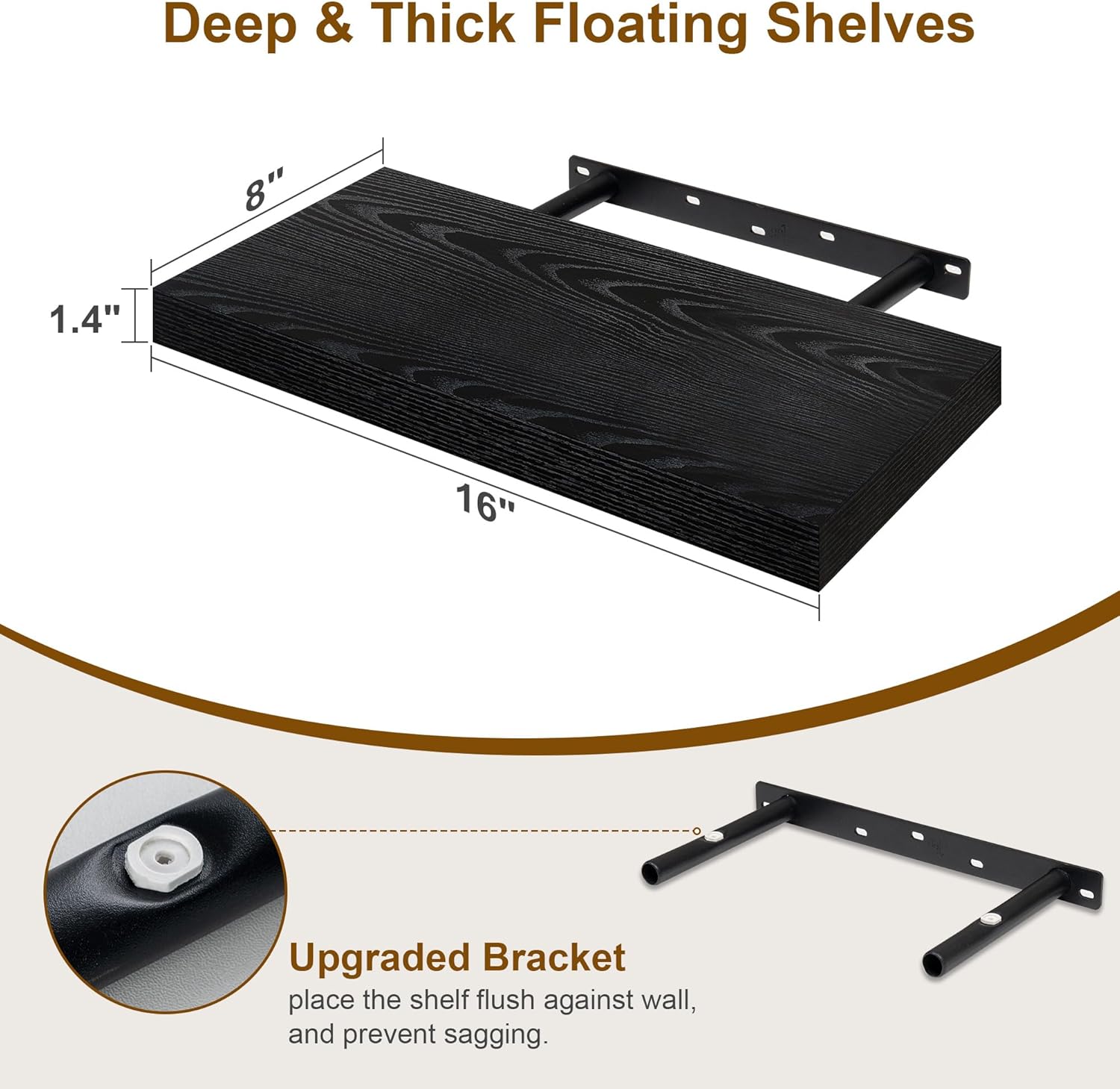 Fun Memories Black Floating Shelves 16 Inch Long, 8 Deep Floating Shelf Wall Mounted, 16 x 8 Inch