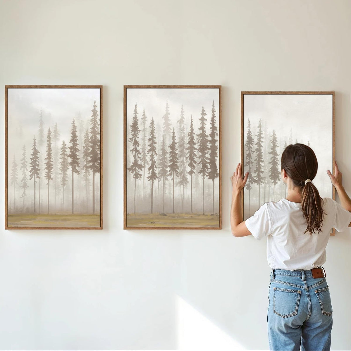 SIGNINART Large Pine Tree Framed Canvas Wall Art Set, Foggy Forest Landscape Wall Decor, Modern