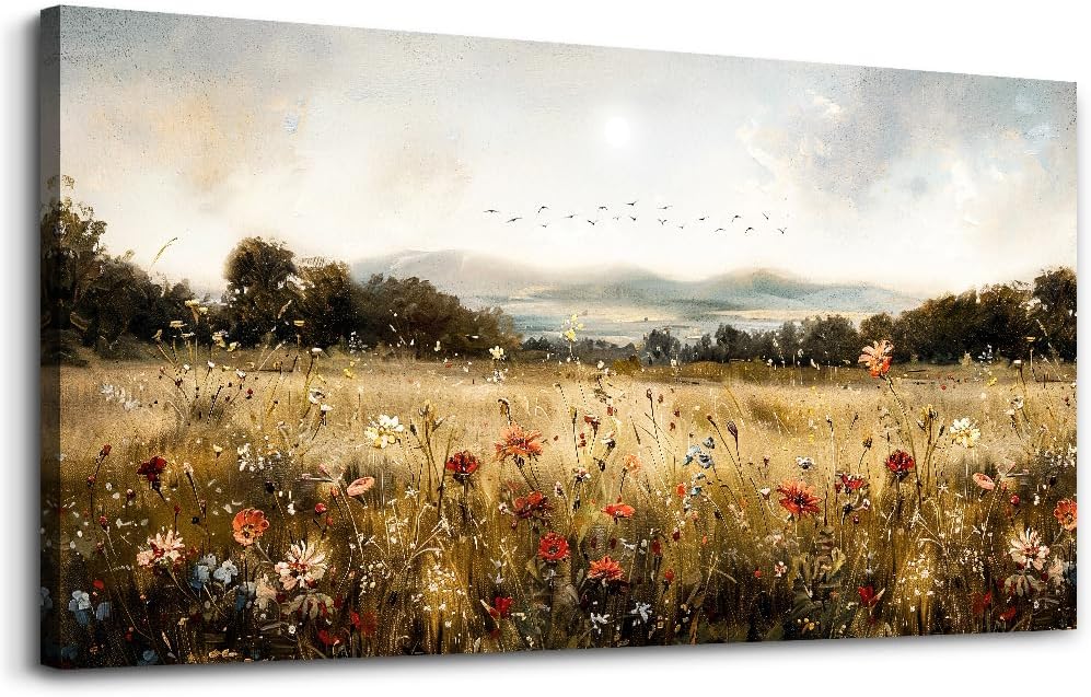 KELIYUAN Canvas Wall Art For Kitchen Dining Room Vintage Decor, Lawn Paintings With Flowers Wall