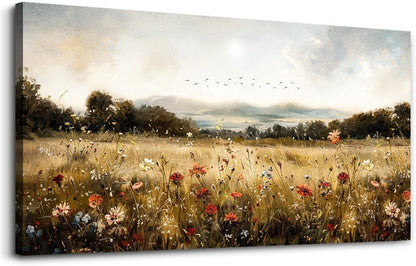 KELIYUAN Canvas Wall Art For Kitchen Dining Room Vintage Decor, Lawn Paintings With Flowers Wall