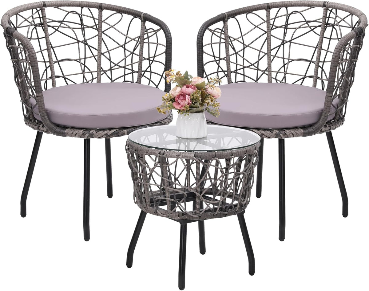 Kromax 3 Piece Bistro Set, Modern Outdoor Wicker Patio Furniture with Tempered Glass Table Top and