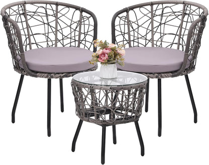 Kromax 3 Piece Bistro Set, Modern Outdoor Wicker Patio Furniture with Tempered Glass Table Top and