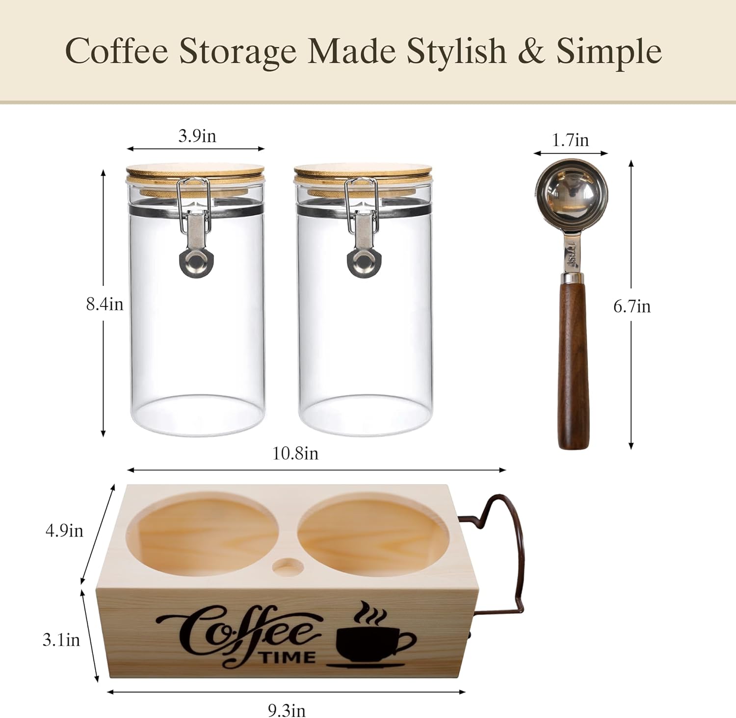 Glass Coffee Canister Set with Shelf & Spoon 2 Piece Coffee Containers for Coffee Bean Storage