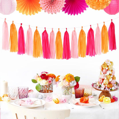 Hot-Pink Orange Fall Party-Decorations Tassel-Garland - 15pcs Groovy Baby-Shower Birthday Wedding