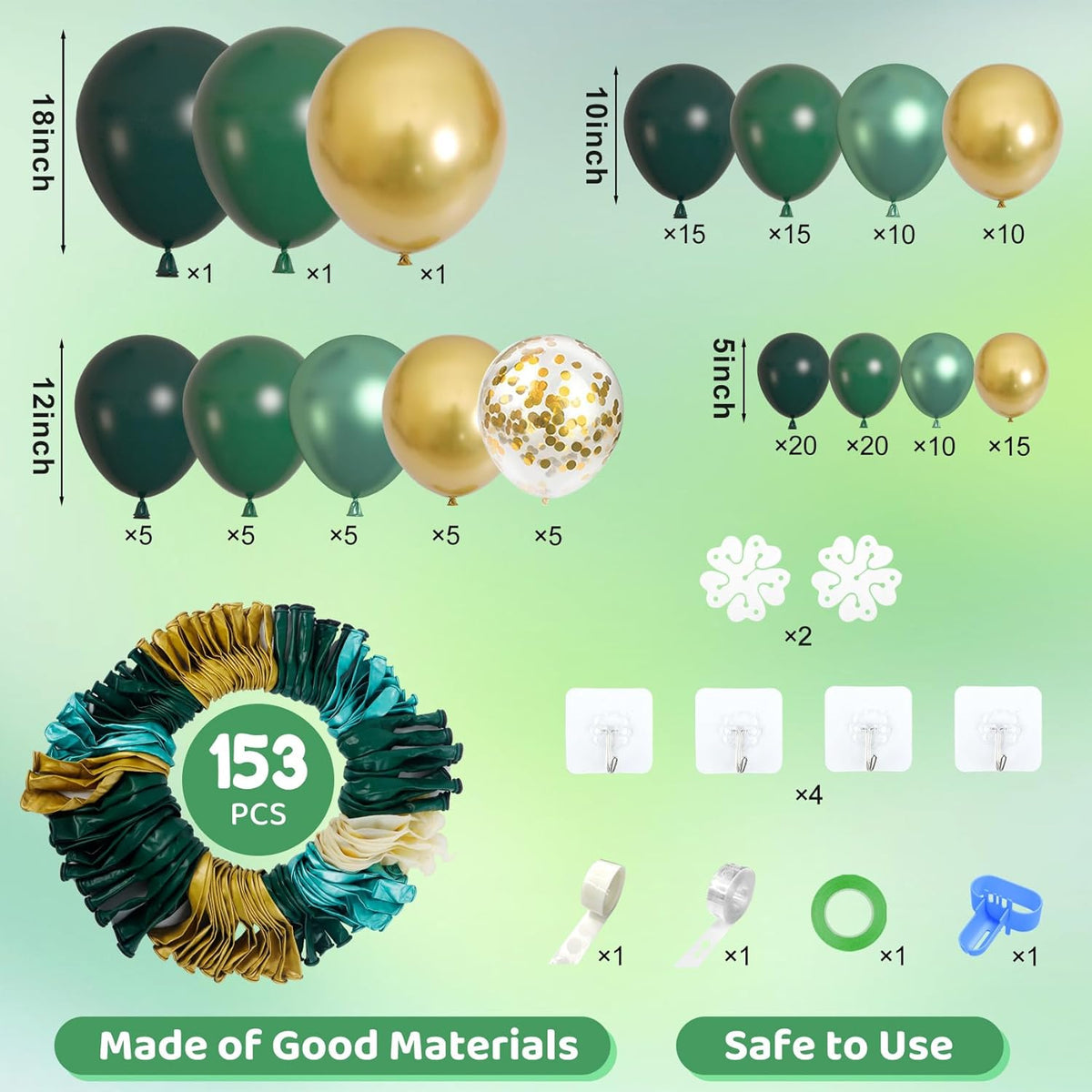 Amandir 153pcs Green and Gold Balloon Garland Arch Kit, Different Sizes 18 12 10 5 inch Green Latex