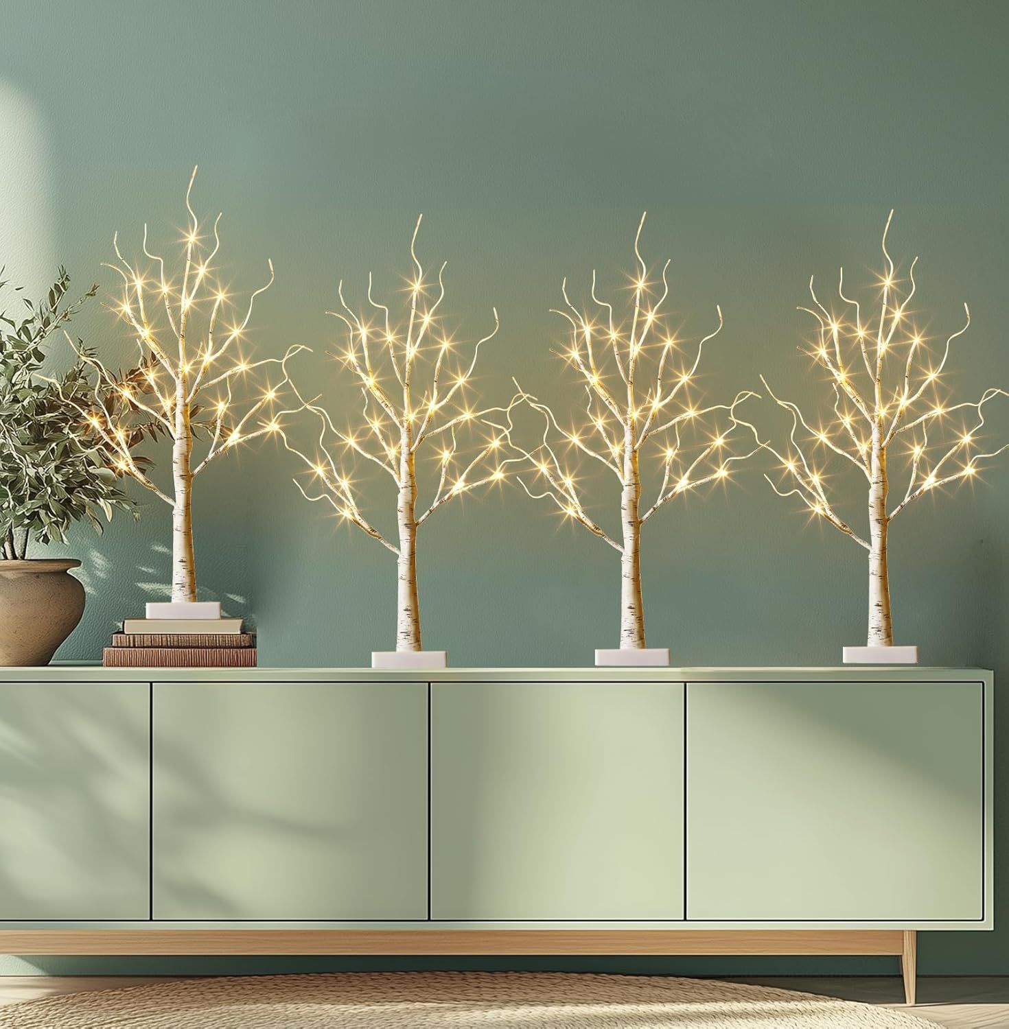 EAMBRITE Home Decorations Light Up White Birch Tree Indoor Christmas Decor, 4 Pack Battery