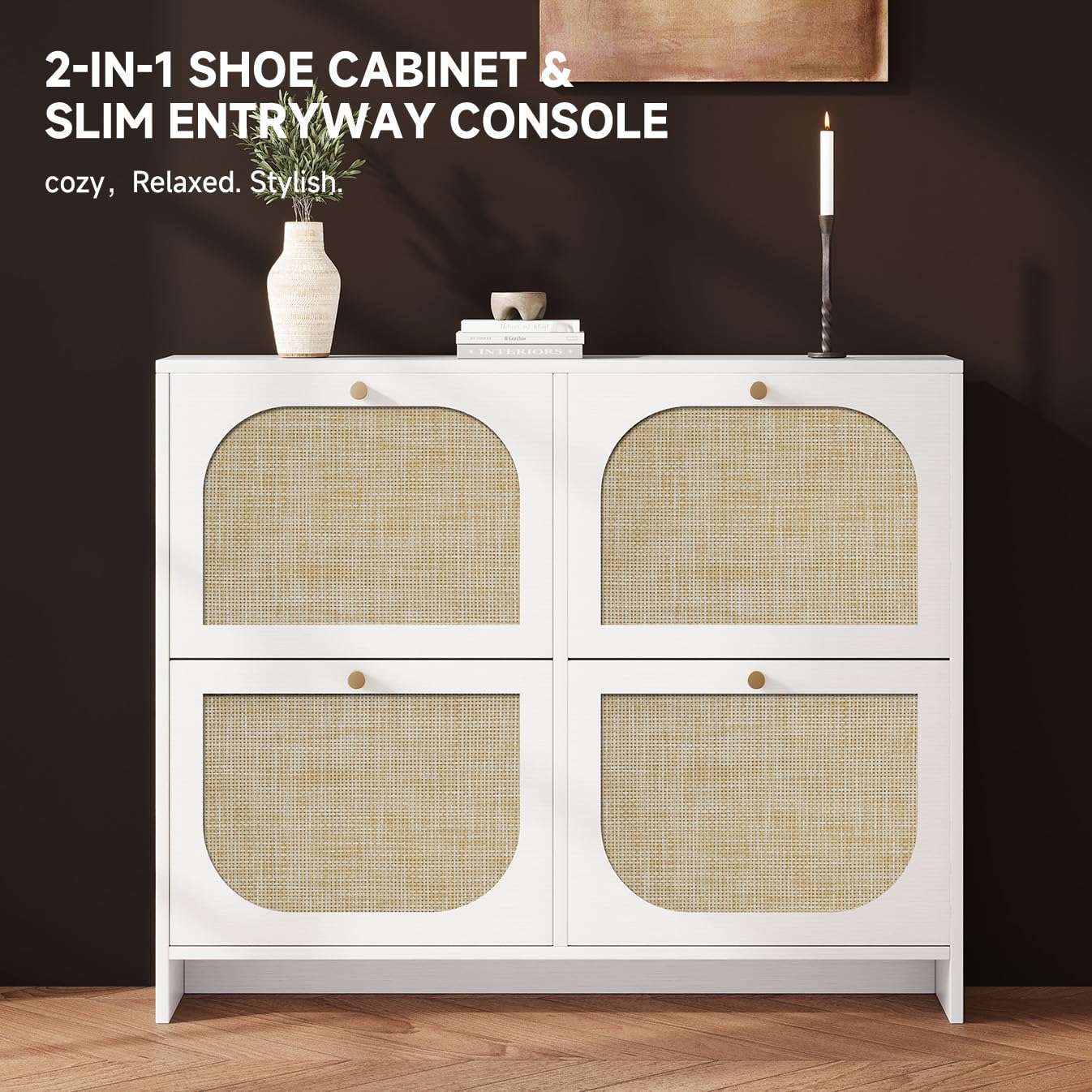 Nicetree Freestanding Ultra Slim Arched Rattan Accent Shoe Storage Cabinet for Entryway - 4 Flip