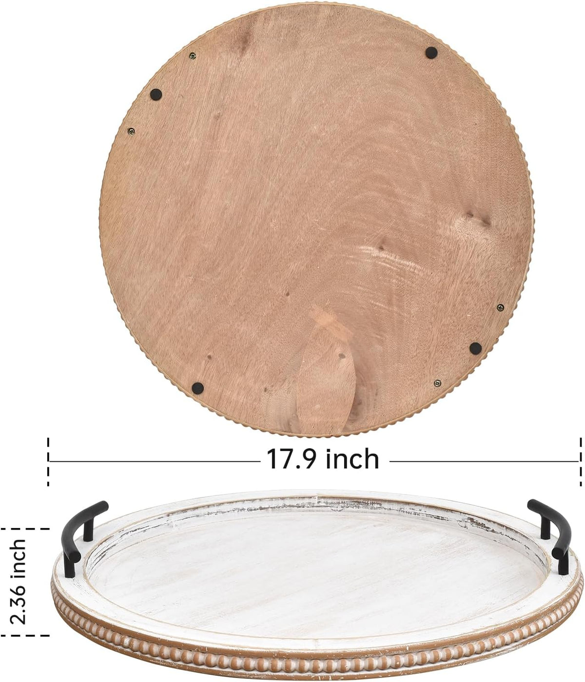 SwallowLiving 18Inch White Wooden Beaded Serving Tray with Handle Decorative Rustic Whitewashed