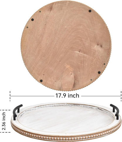 SwallowLiving 18Inch White Wooden Beaded Serving Tray with Handle Decorative Rustic Whitewashed