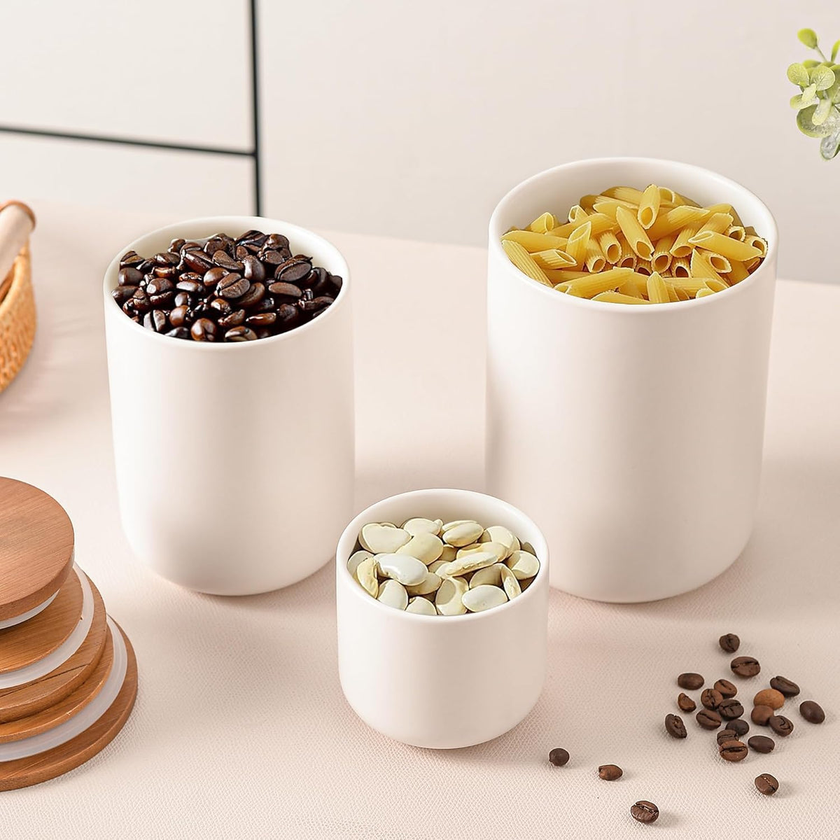 White Ceramic Canister Set with Bamboo Lids, 3-Piece Airtight Food Storage Jars for Kitchen