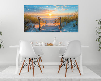 LASMOND Beautiful White Sandy Beach Pier by Seaside at Sunset Landscape Wall Art Decor Artwork for