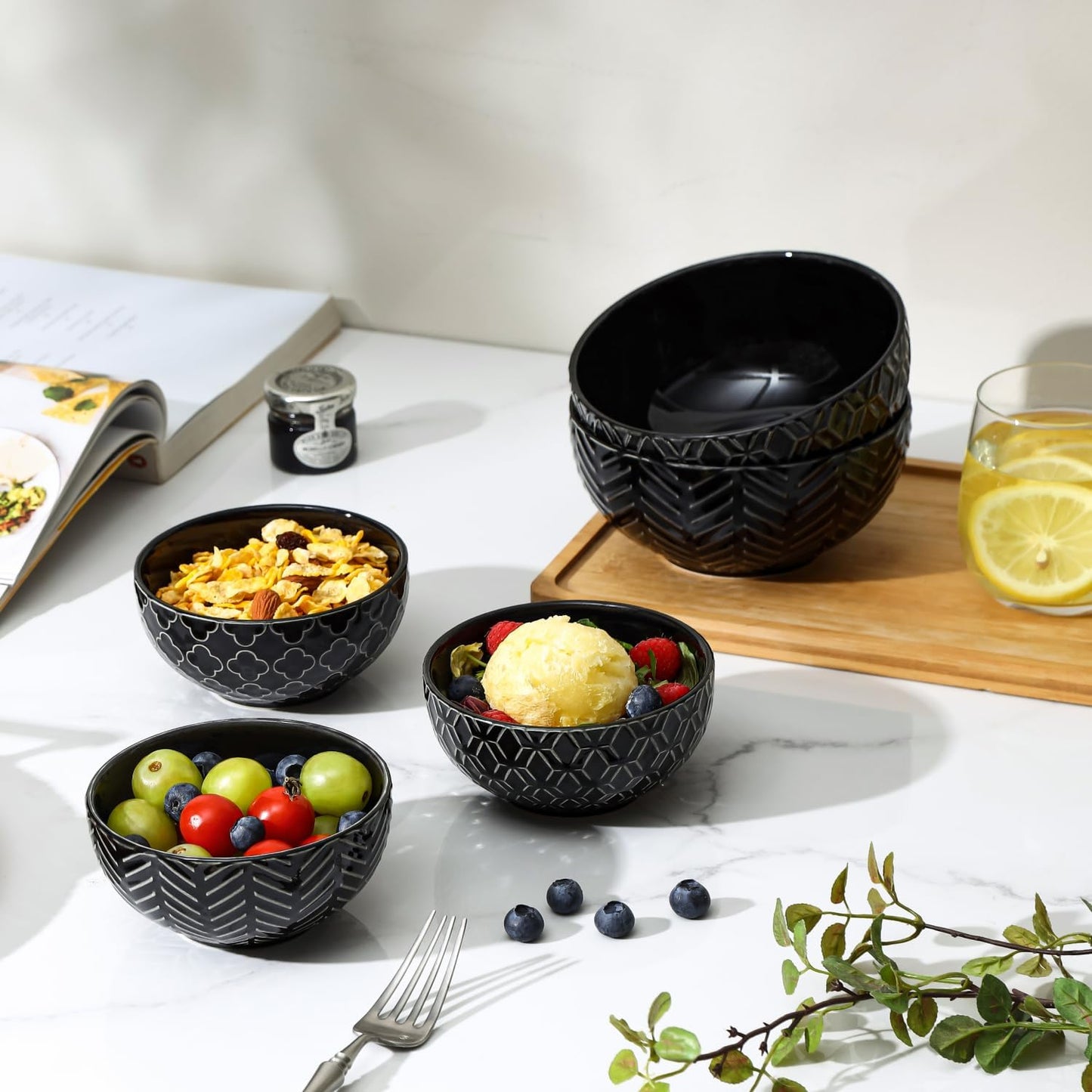 Sureasy Ceramic Ice Cream Bowls, 12oz Embossed Dessert Bowls Set, 4.6 Inch Stoneware Small Bowls