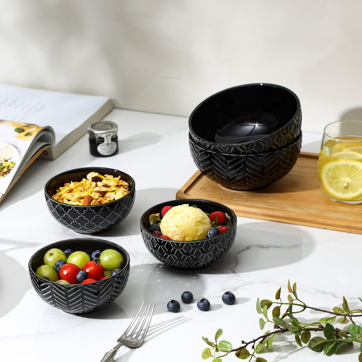 Sureasy Ceramic Ice Cream Bowls, 12oz Embossed Dessert Bowls Set, 4.6 Inch Stoneware Small Bowls