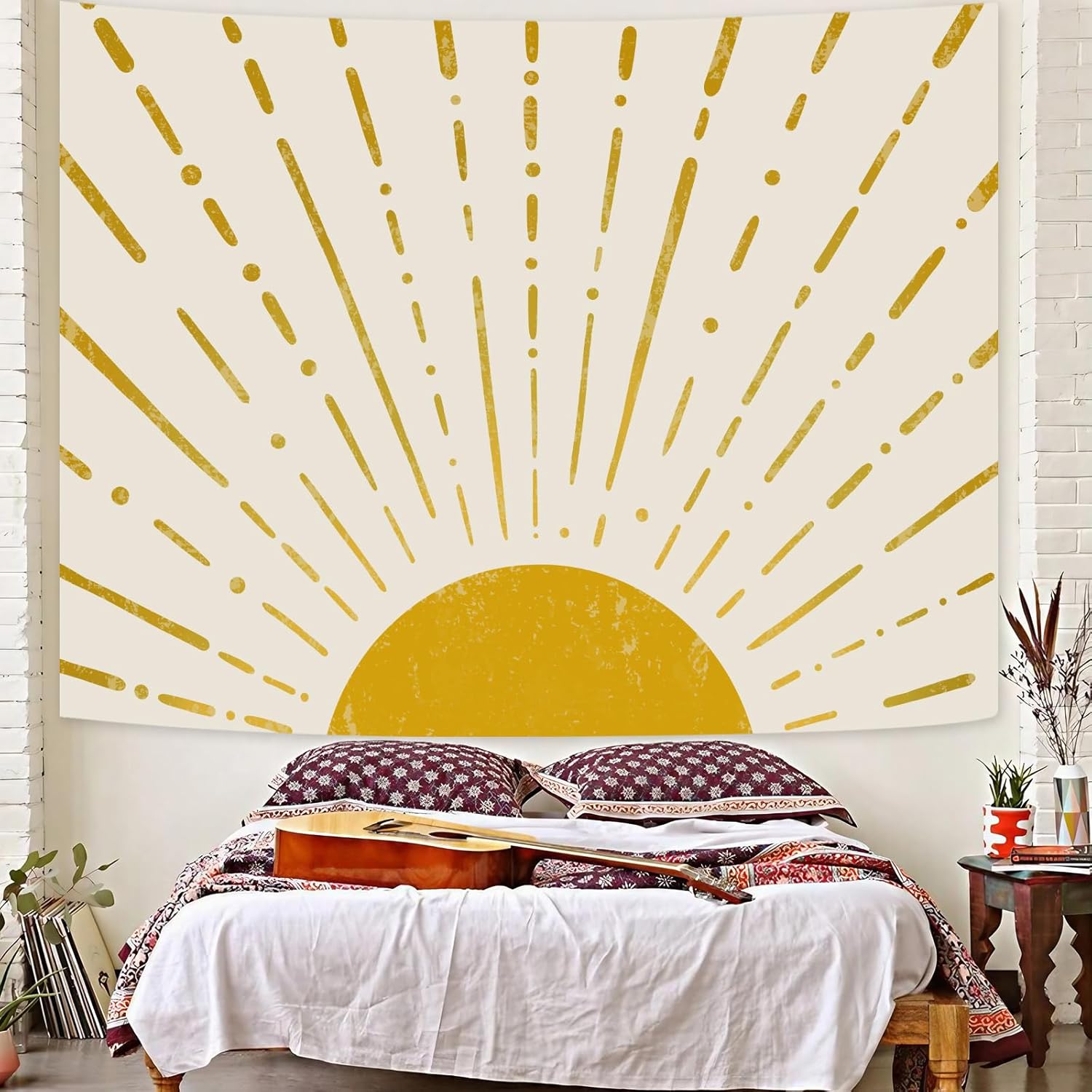 Kanuyee Gold Boho Burning Sun Tapestry Wall Hanging, Retro 70s Abstract Vintage Geometric Line