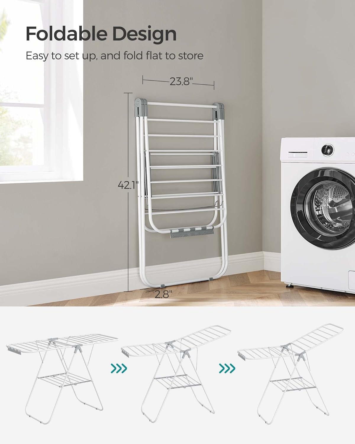 SONGMICS Clothes Drying Rack, with Sock Clips, Metal Laundry Rack, Foldable, Space-Saving