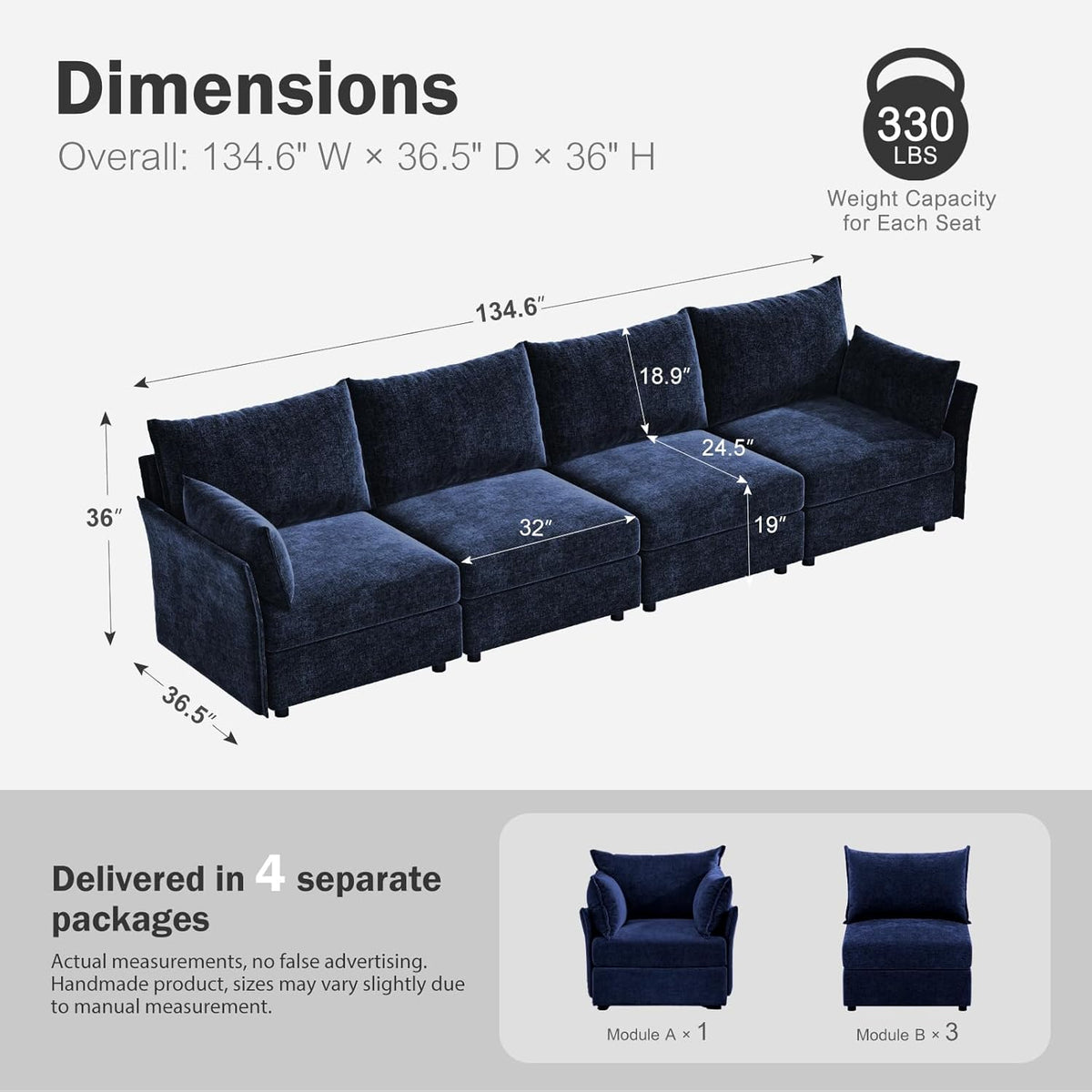 134.6" Modular Sectional Sofa, Oversized 4 Seater Blue Couch with Removable Chenille Fabric Cover