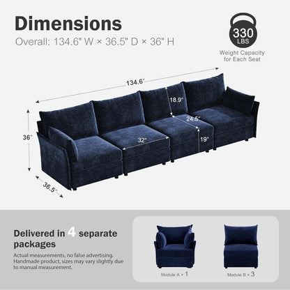134.6" Modular Sectional Sofa, Oversized 4 Seater Blue Couch with Removable Chenille Fabric Cover