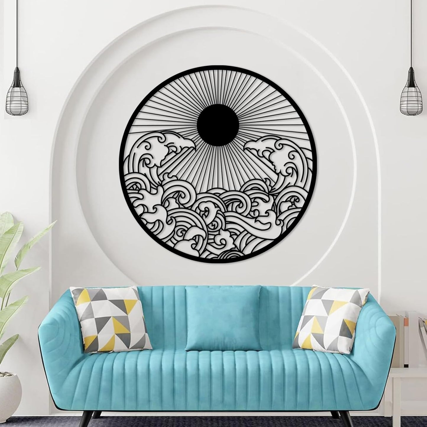flyoak Metal Sun Wall Decor Outdoor, Sunrise Metal Wall Art, Metal Wave Wall Art, Sunrise and Wave