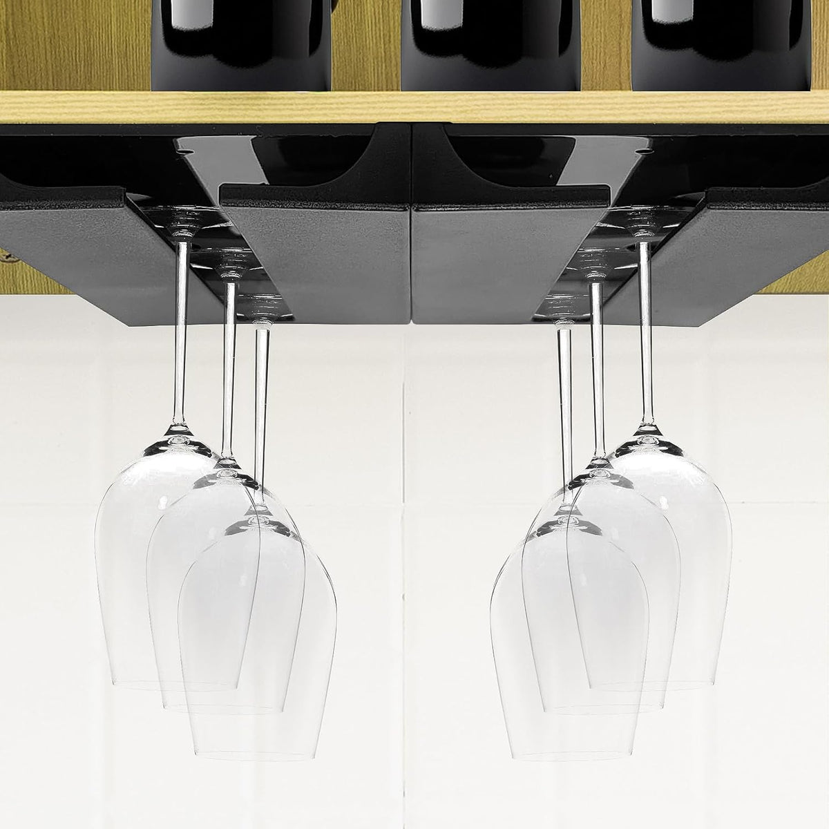 2PC Black Wooden Hanging Wine Glass Rack - Wall Mount Stemware Holder 25.3x11x2 cm - Space Saving