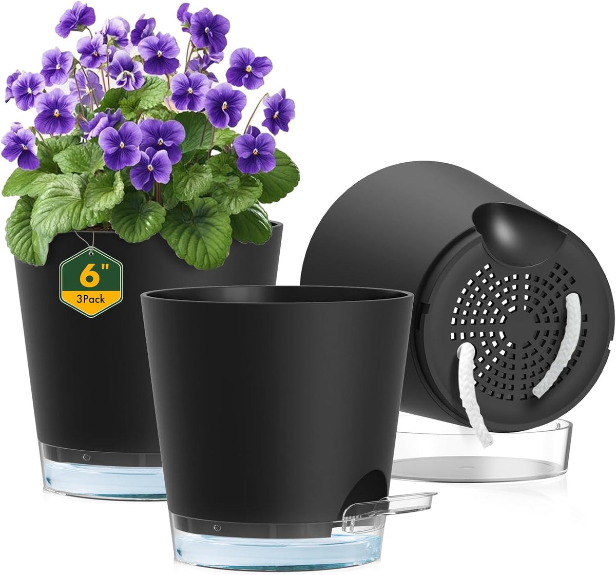 6 inch Self Watering Pots for Indoor Outdoor Plants, 3 Pack Flower Plant Pots with Drainage Holes