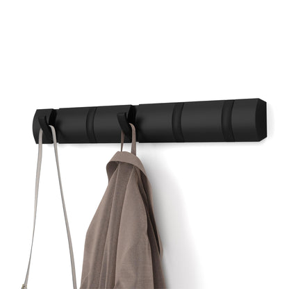 Umbra Flip Coat Rack, Wall Mounted 5-Hook Space Saving, Black/Black