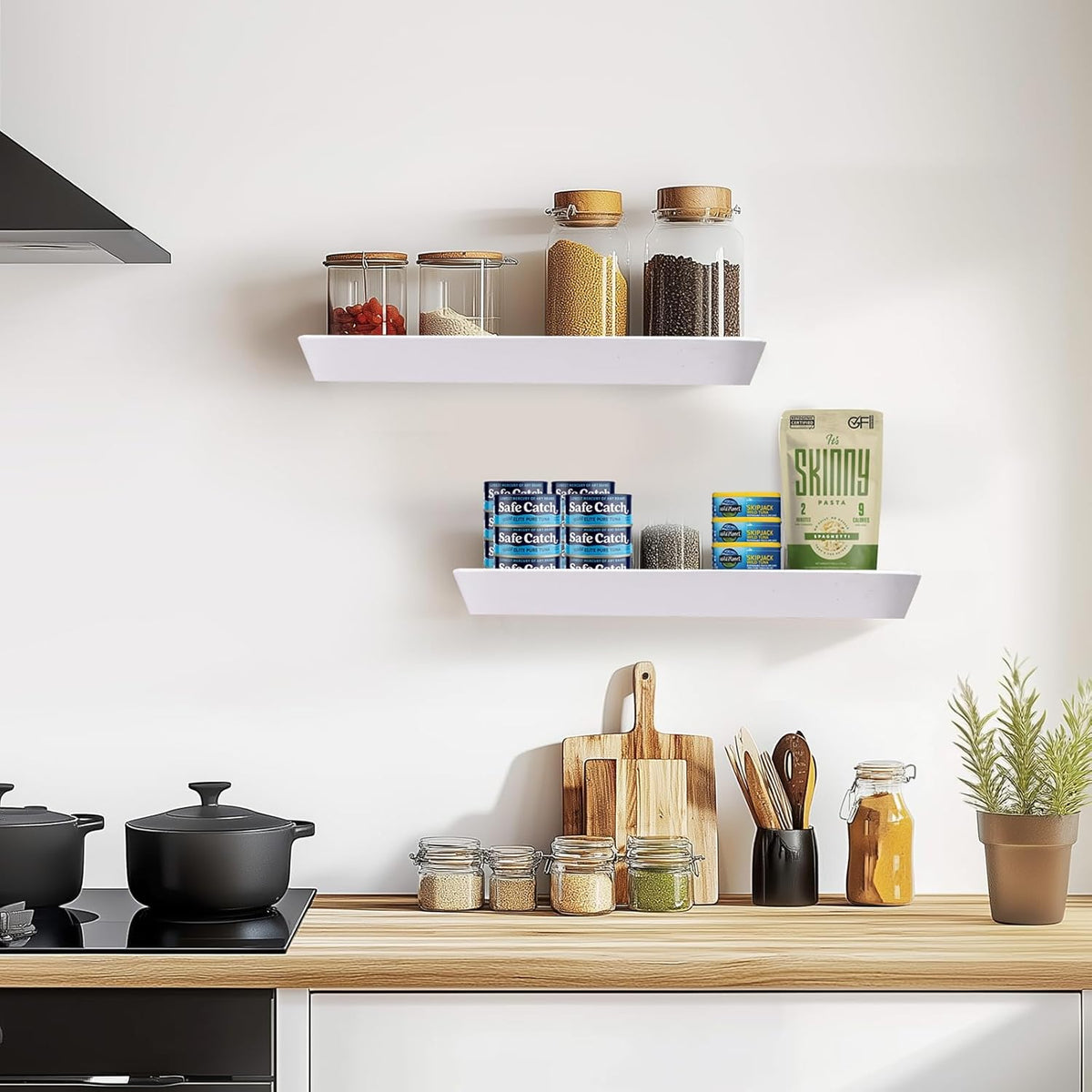 16"x6.8"x1.6" Slanted Floating Wall Shelves 2-Pack - Rustic White Finish, Heavy-Duty Solid Wood