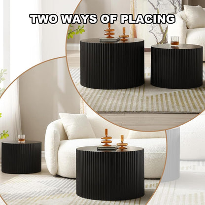 Modern Black Nesting Coffee Table Set of 2 Handcraft Fluted Coffee and End Table Sets Wooden Drum