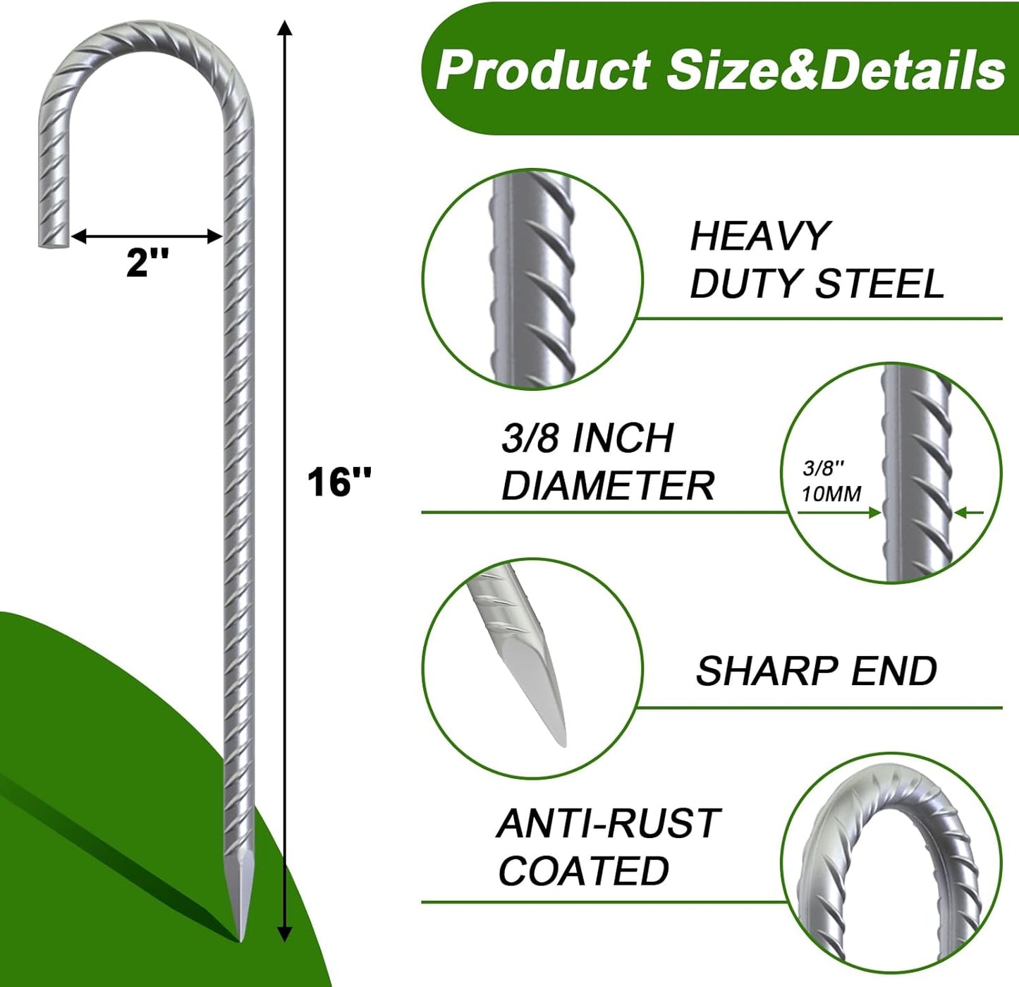 AAGUT 16 Inch Rebar Tent Stakes Heavy Duty 3/8" J Hook Ground Anchors Galvanized Steel Metal Garden