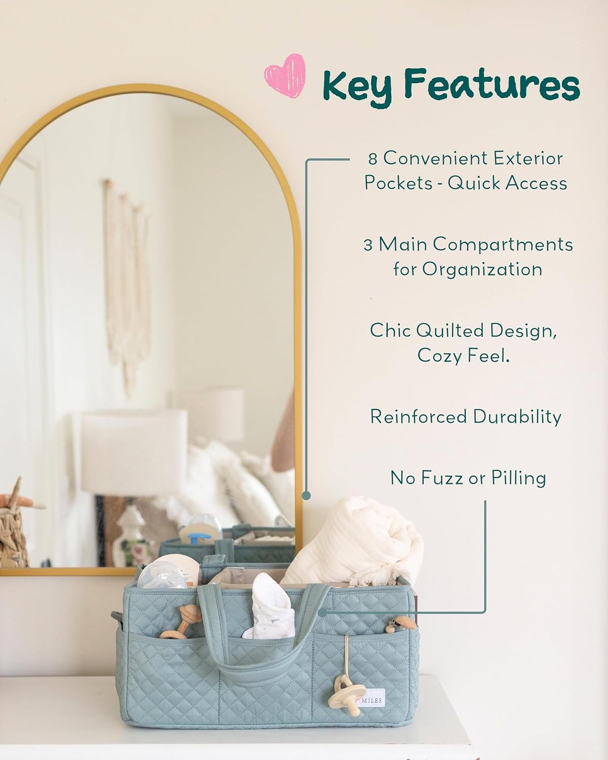 Lily Miles Baby Diaper Caddy Organizer, Quilted Nursery Storage Basket for Newborn Essentials and