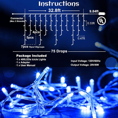 Icicle lights Outdoor - 33ft Christmas Lights with 400LED 75 Drops 8 Modes, Plug in Curtain String