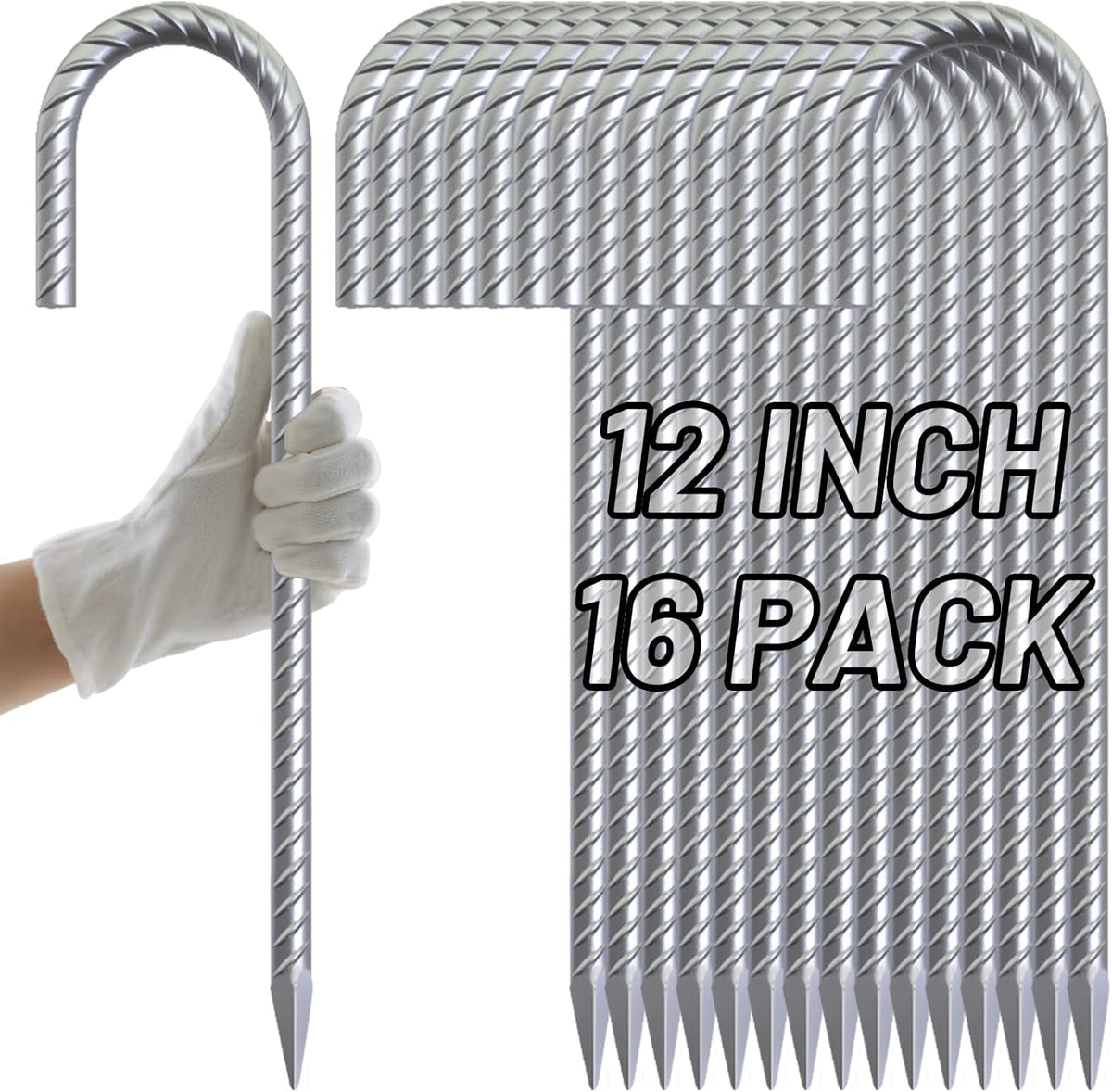 AAGUT 12 Inch Rebar Stakes J Hook 16 Pcs 3/8" Chain Link Fence Stakes Heavy Duty Galvanized Steel