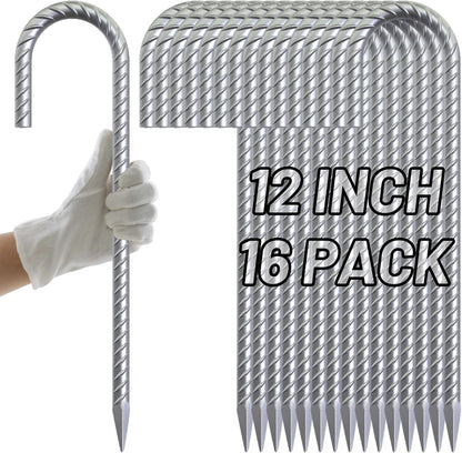 AAGUT 12 Inch Rebar Stakes J Hook 16 Pcs 3/8" Chain Link Fence Stakes Heavy Duty Galvanized Steel
