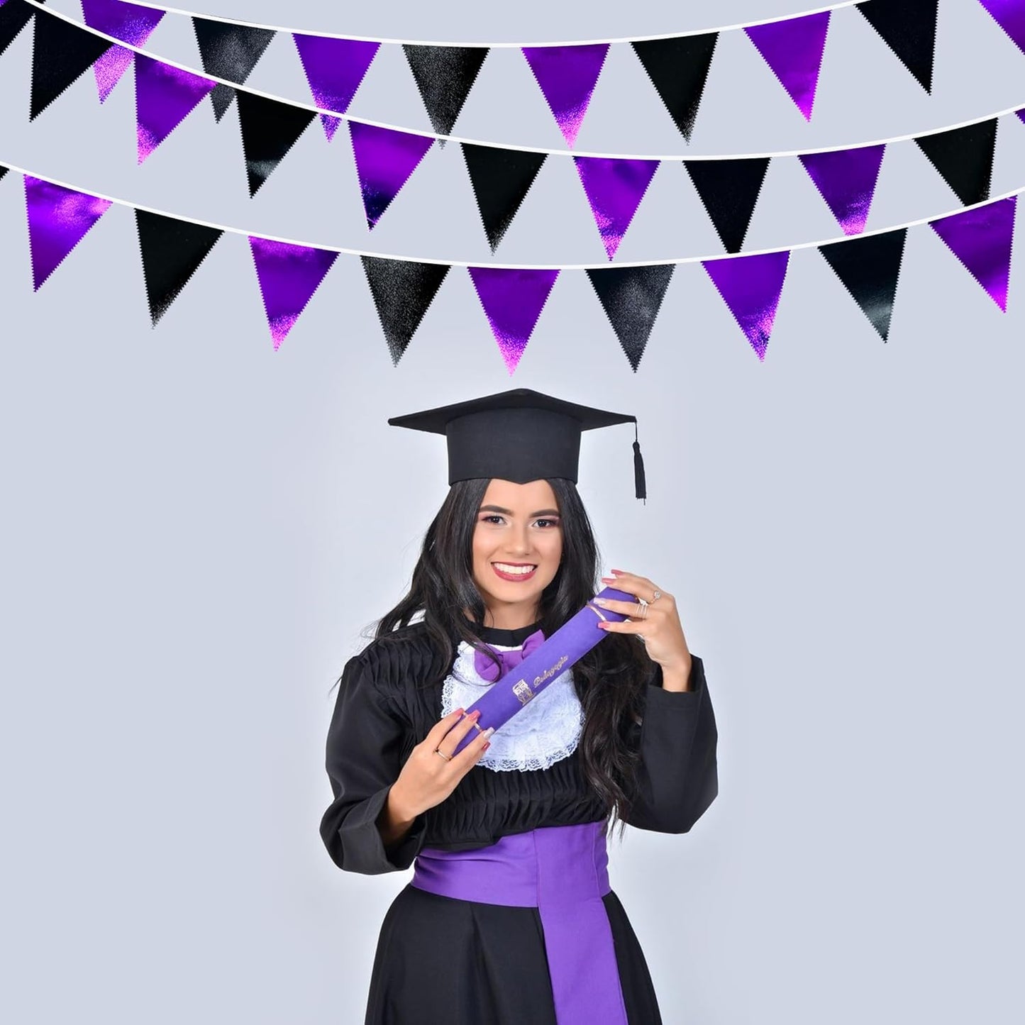 Purple and Black Party Decorations Metallic Fabric Triangle Pennant Banner Flag Bunting Garland for
