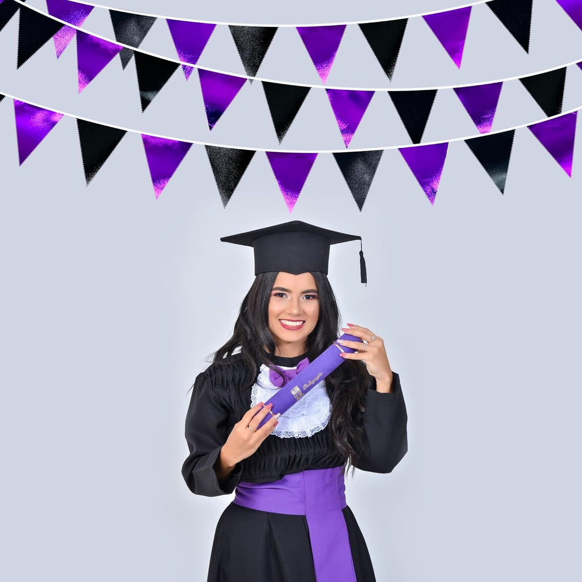 Purple and Black Party Decorations Metallic Fabric Triangle Pennant Banner Flag Bunting Garland for