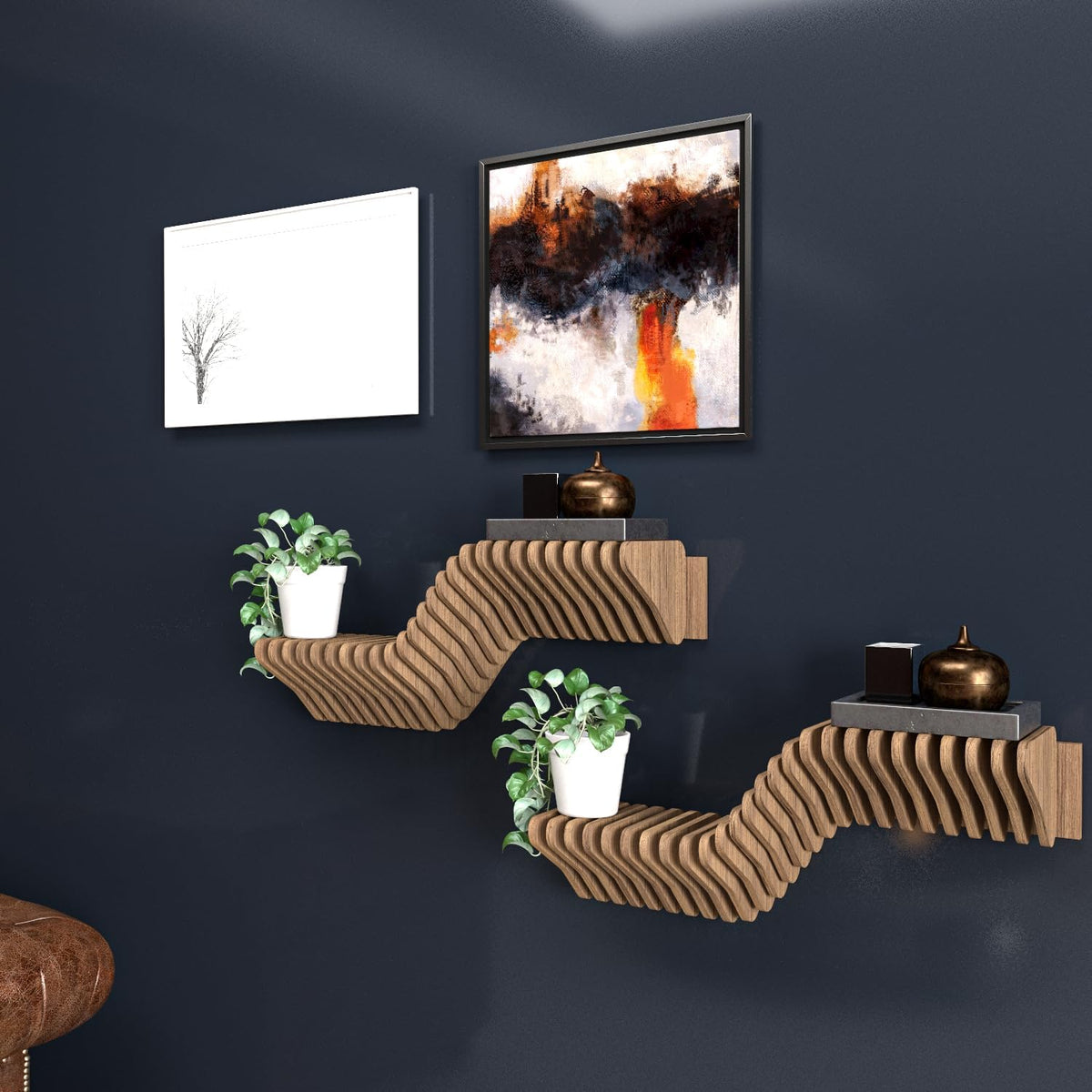 Parametric 20 inch Floating Shelf TV Unit Modern Geometric Wooden Wall Piece Decor Natural Oak